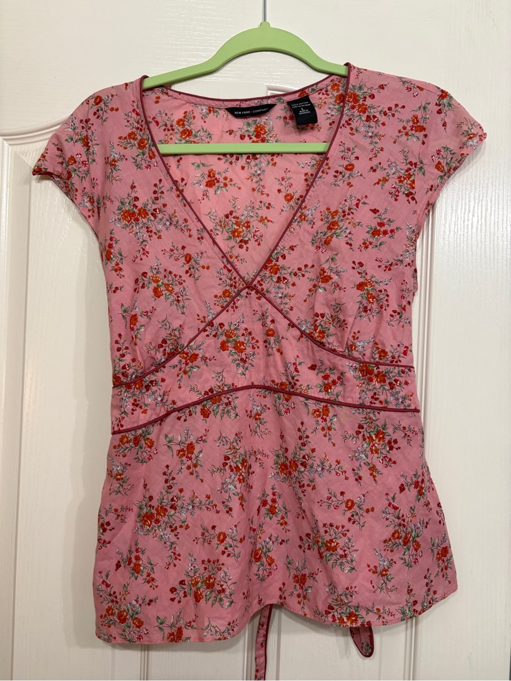 New York & Company Pink Floral Wrap-Front Blouse